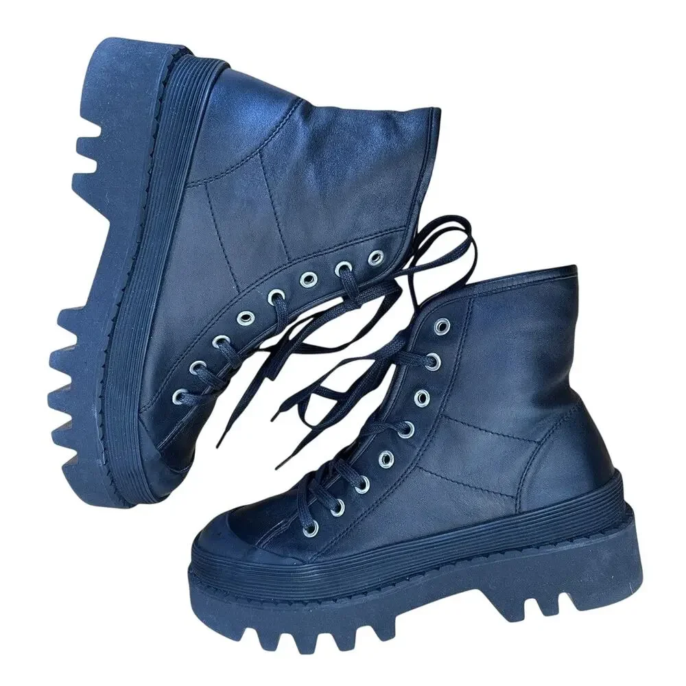 new Proenza Schouler "The City" Black Leather Combat Boots size EU 38 Lug Sole - Picture 3 of 10